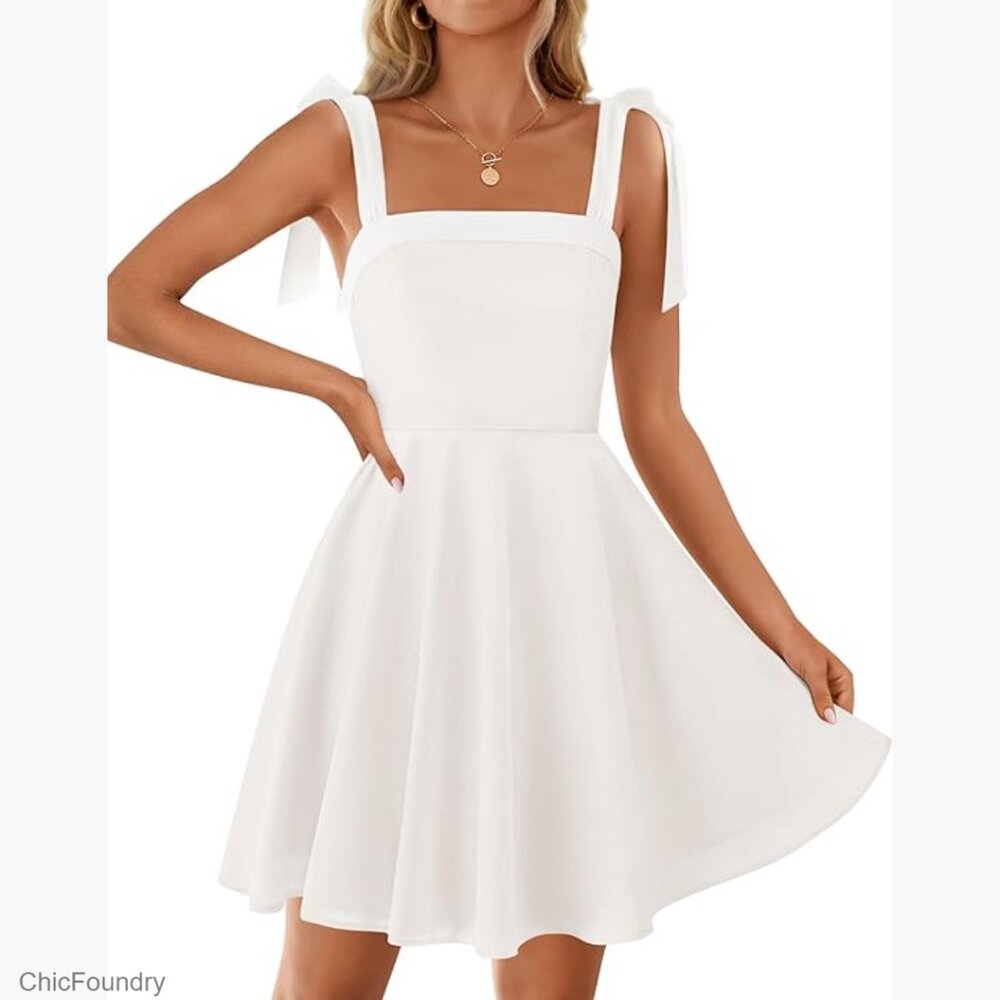 Summer Sleeveless Mini Dress Tie Shoulder Square Neck High Waist Swing A-Line